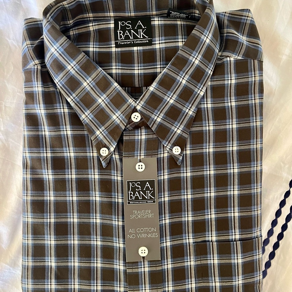 Jos. A. Bank Brown and Blue Plaid Button-Down Shirt